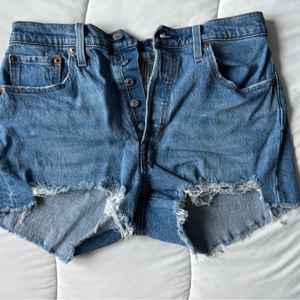 Levi's Blue Distressed Jean Shorts Raw Hem